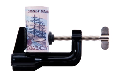 twisting banknotes is trapped in the clamp black. isolated