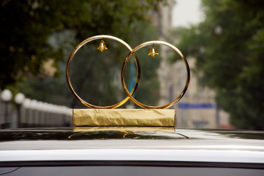 wedding gold rings on the roof of the holiday cars