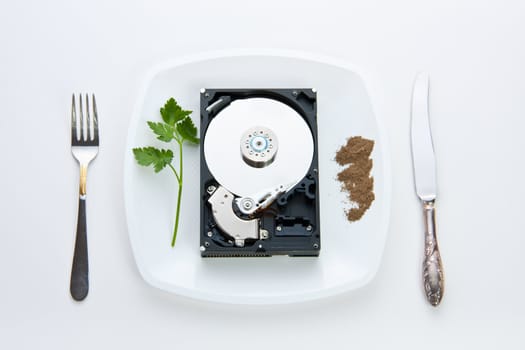 hard drive on the dining plate with seasoning and herbs surrounded by a knife and fork