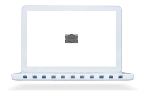 Laptop with a lot of network ports lan. Isolated on white