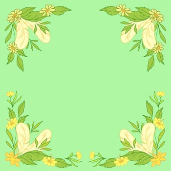 Abstract floral background: leaves, flowers and feathers on green