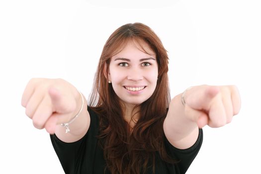 Business woman point finger at you looking at camera. Isolated on white background