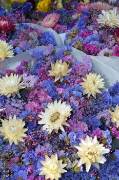Pink and blue floral bouquet with white chrysanthemums