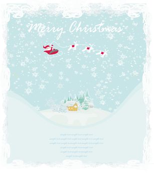 Happy New year card with Santa and winter landscape