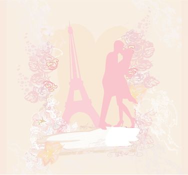 Romantic couple in Paris kissing near the Eiffel Tower Retro card