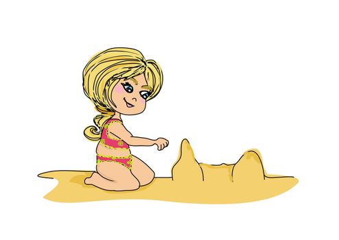 Illustration little girl building a sand castle at the beach - doodles