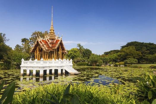 Thai temple on the water at Rama 9 Garden Bangkok, Thailand