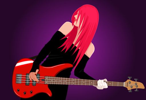 Vector illustration of smiling rock girl with red bass guitar