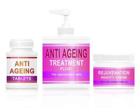 Illustration depicting an assortment of anti ageing products arranged over white.