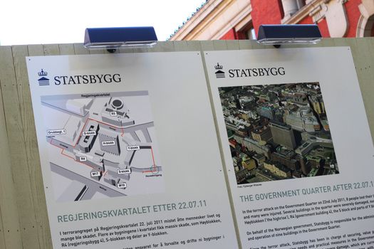 Information boards about the reconstruction of the Government Quarter in central Oslo that was damaged under the terrorist attack 22.07.2011.