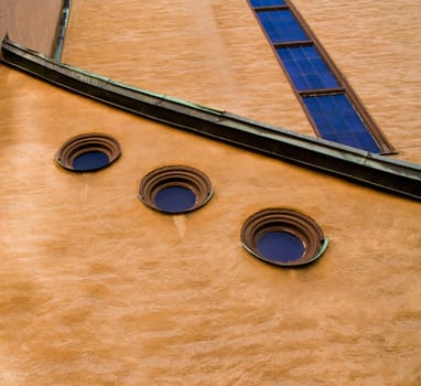 building with blue windows