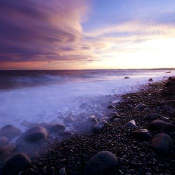 Sunset in spring at the Norwegian coast, Moelen