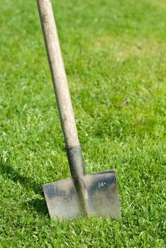 a spade stuck in the grass