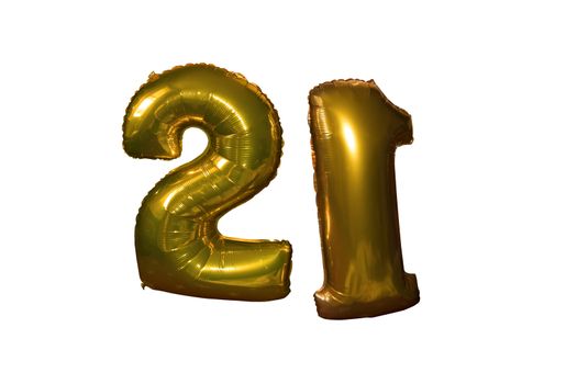 gold helium filled 21st birthday balloons floating in the sky with clipping path