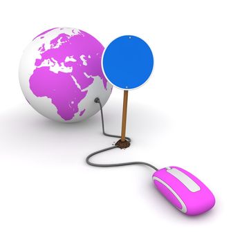 red computer mouse is connected to a purple globe - surfing and browsing is blocked by a blue round mandatory-sign - empty template