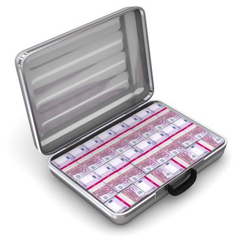 open silver grey briefcase on white ground filled with 500 Euro notes - angular view