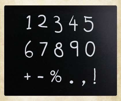 "Numbers" handwritten with white chalk on a blackboard