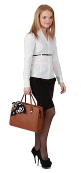 Young woman with handbag against a white background.