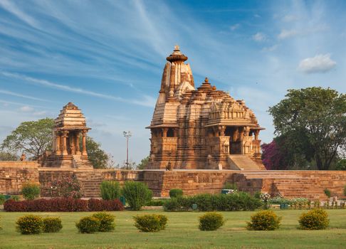 Devi Jagdamba temple and mahadev mandapa on sunrise. Khajuraho, India