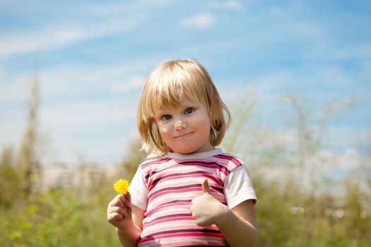 happy child outdoors in spring with dandelion