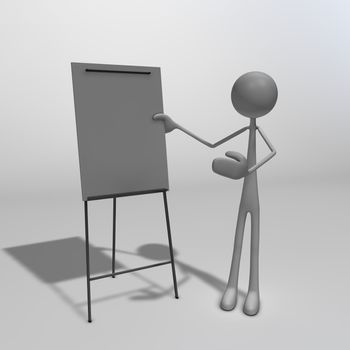 a figure standing next to a flipchart and pointing at it