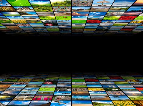 Abstract multimedia background composed of many images with copyspace in the center