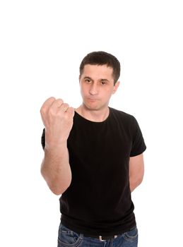 mid adult man shows the fist  isolated on white background