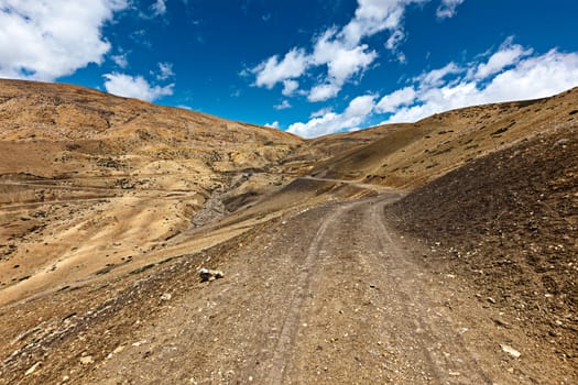 Dirt road in mountains (Himalayas). Spiti Valley,  Himachal Pradesh, India