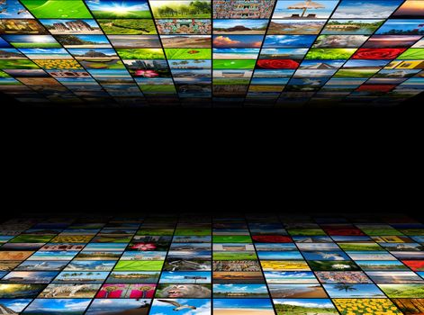 Abstract multimedia background composed of many images with copyspace in the center