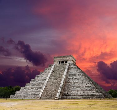 Mayan pyramid of Kukulcan El Castillo on sunset. Chichen-Itza, Mexico