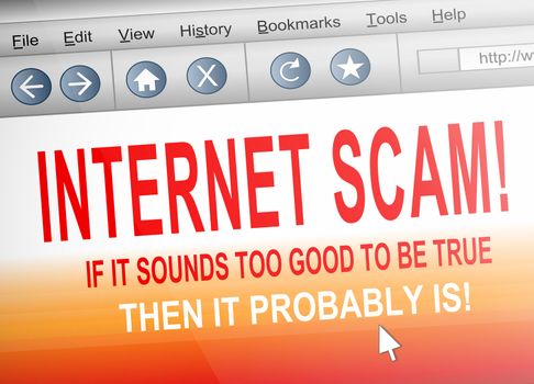 Illustration depicting computer screen shot of an internet browser with an internet scam concept.