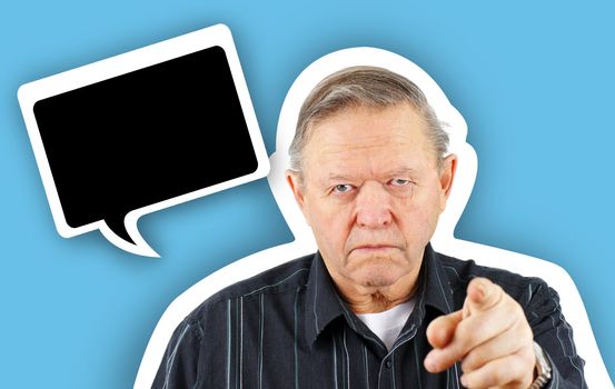 Grumpy angry senior or old man pointing his finger at the camera with a big frown on his face, blaming or warning in floating speech bubble with drop shadow.
