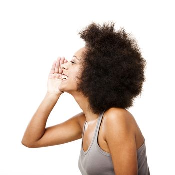 Profile of a young Afro-American woman calling someone, isolated on white