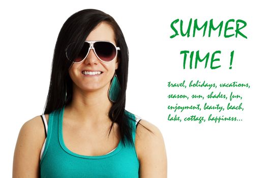 Cute and happy young woman smiling in her summer sunglasses and attire with text refering to summer or travel.