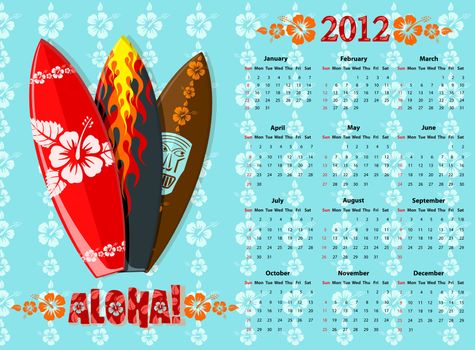 American blue Aloha vector calendar 2012 with surf boards, starting from Sundays