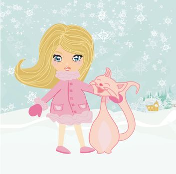 winter girl and her cat