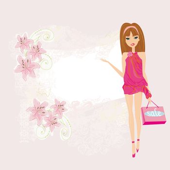 Fashion shopping girl showing message bord
