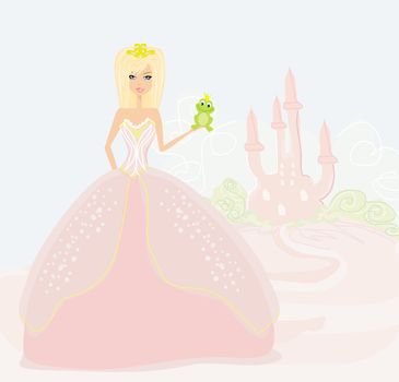 Beautiful young princess holding a big green frog