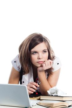 Portrait of a young and beautiful girl student who is preparing for exams