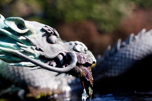 A small japanese fountain in the form of dragon
