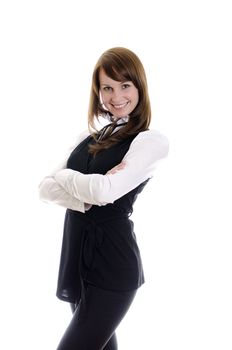Cheerful attractive woman with arms folded. Isolated on white.