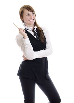 Cheerful attractive woman with ballpoint pen. Isolated on white.