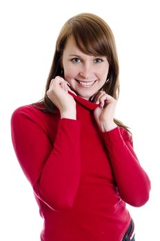 Cheerful attractive woman in red sweater. Isolated on white.