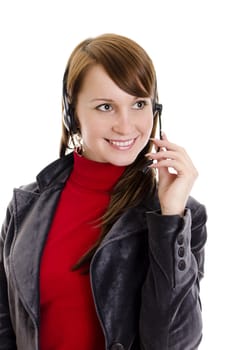 A woman operator support with microphone. Isolated on white.