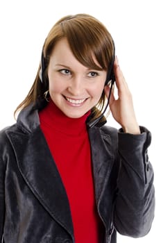 A woman operator support with microphone. Isolated on white.