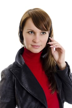 A woman operator support with microphone. Isolated on white.