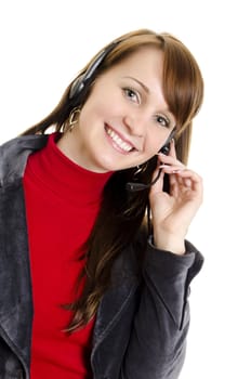 A woman operator support with microphone. Isolated on white.