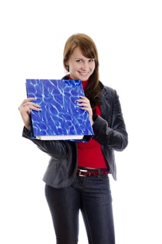 Attractive secretary with a folder of documents. Isolated on white.