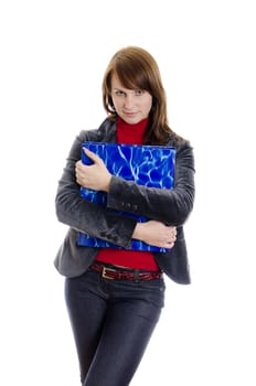 Attractive secretary with a folder of documents. Isolated on white.