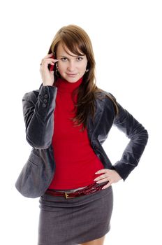 Business woman talking by mobile phone. Isolated on white.